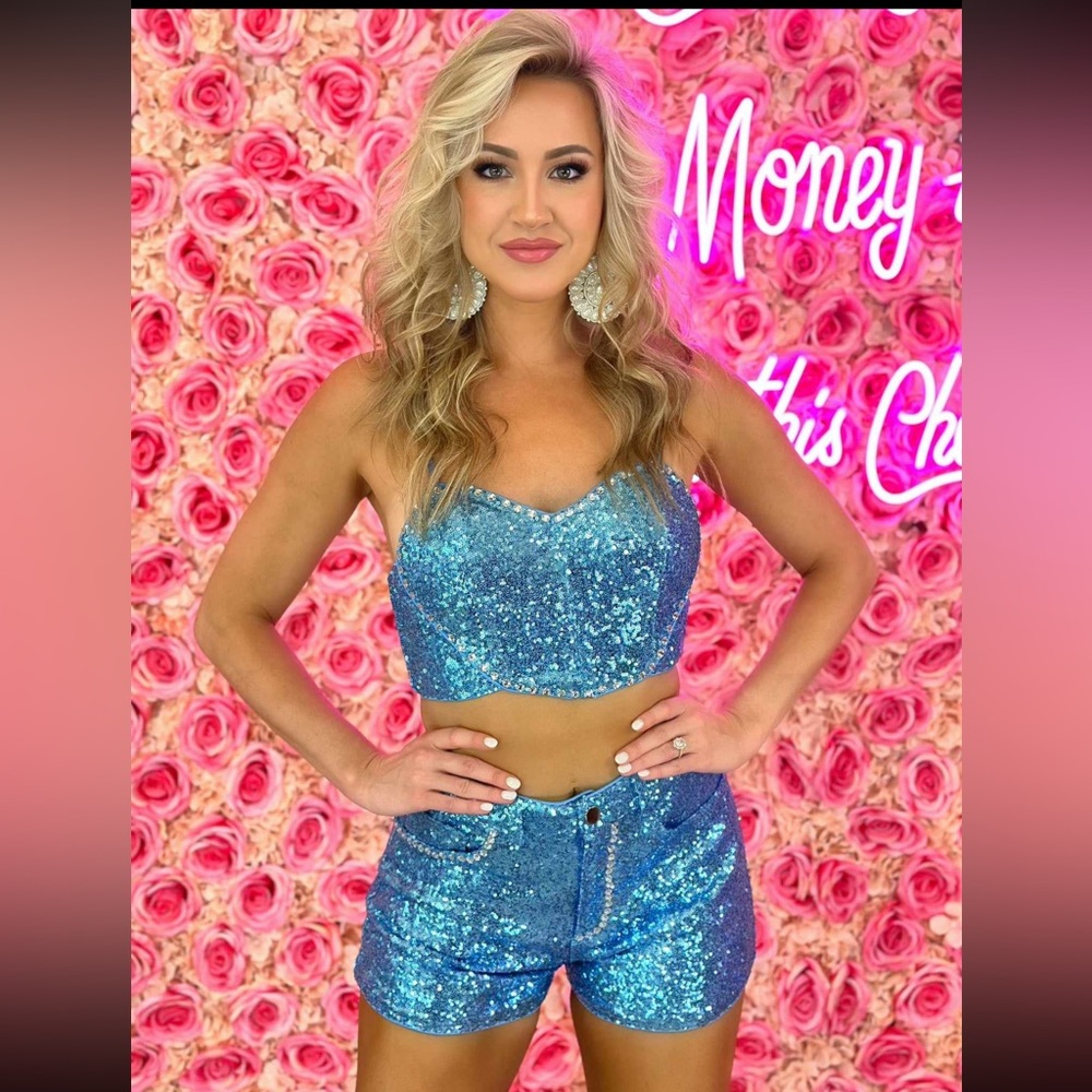 DENIM BLUE SEQUIN HEART SHAPED STUDDED CAMI AND MATCHING SHORTS SET